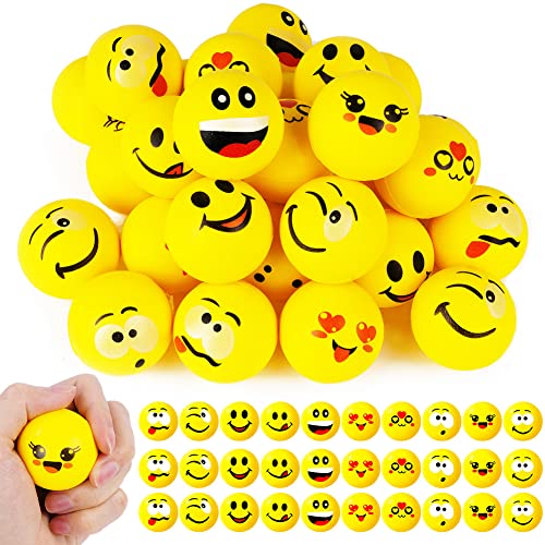 Ainiv Bola de Emoticonos, 30 Pieces Fidget Bolas con Sonrisa, Estrés Emoji Squeeze Juguetes, para Niños Adultos Aliviar La Ansiedad, Fiesta, Cumpleaños Regalo