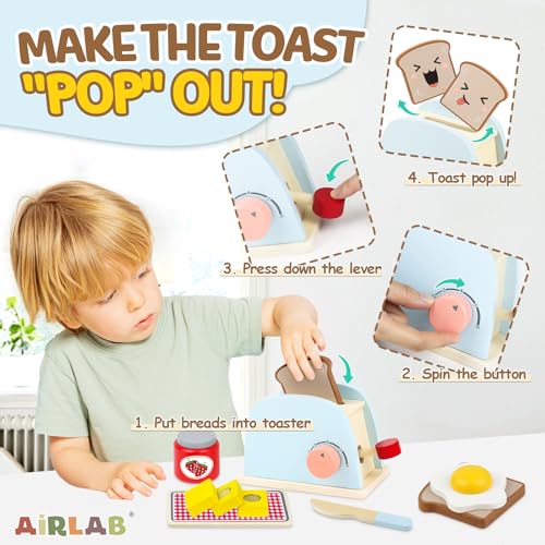 Airlab Tostadora de Madera Pop-up, 10 Piezas de Accesorios de Cocina con Pan y Mantequilla, Juguetes de Comida para Niños y Niñas, Preescolar Educativo Juego de rol Regalo para 2 3 4 5 Años