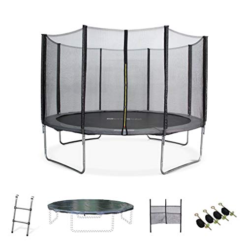 Alice's Garden - Cama elástica, Trampolín de 370 cm, aguanta hasta 150 kg (Estructura Reforzada). Incluye: Escalera + Funda Protectora + Bolsillo para Zapatos+ Kit de Anclaje - Saturn XXL