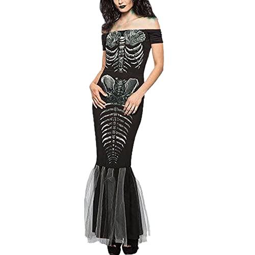 Allbestop Mono esqueleto Cosplay disfraces Halloween mujeres vestido impreso disfraces de Halloween para mujeres Figura De Acción De Engendro Medieval (Black, L)