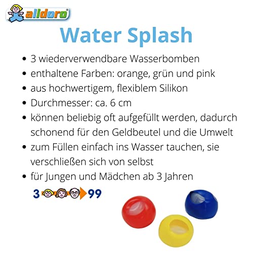 alldoro 63027 – Water Splash – Juego de 3 bombas de agua, reutilizables y con cierre automático, globos de agua para jardín, playa y fiesta, para niños a partir de 3 años y adultos, amarillo/rojo/azul