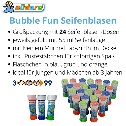 alldoro 63073 Bubble Fun - Juego de 24 pompas de jabón (55 ml, con Palo de león y Juego de Laberinto en la Tapa, para Bodas, JGA, niños a Partir de 36 Meses y Adultos), Multicolor