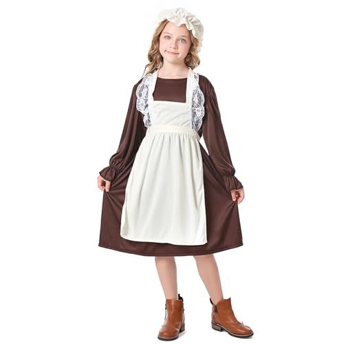 ANFUTON Disfraz de sirvienta victoriana para niñas, vestido medieval de aldea victoriana con gorro de fregona, disfraz victoriano para niñas (multicolor, M)