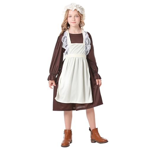 ANFUTON Disfraz de sirvienta victoriana para niñas, vestido medieval de aldea victoriana con gorro de fregona, disfraz victoriano para niñas (multicolor, M)