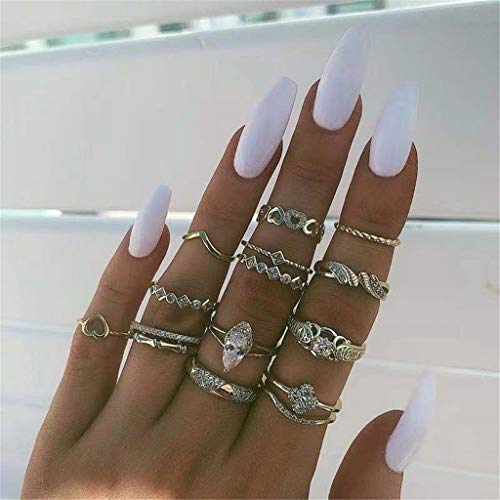 Anillos de corazón para mujer, juego de 13 anillos de aleación creativos, anillos de diamante en forma de corazón, dorado, talla única