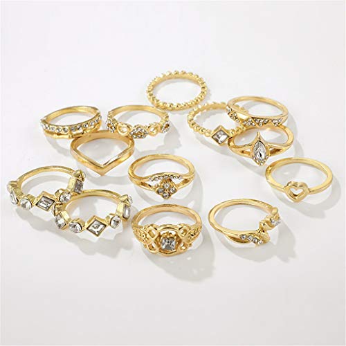 Anillos de corazón para mujer, juego de 13 anillos de aleación creativos, anillos de diamante en forma de corazón, dorado, talla única