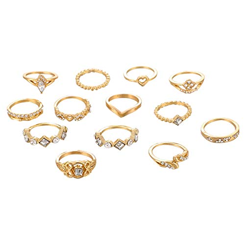 Anillos de corazón para mujer, juego de 13 anillos de aleación creativos, anillos de diamante en forma de corazón, dorado, talla única