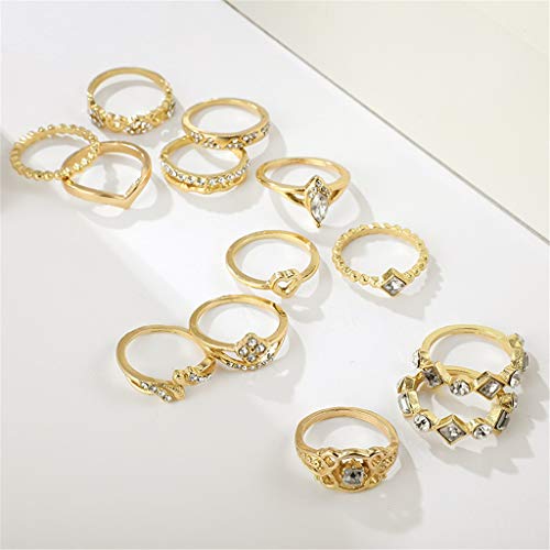 Anillos de corazón para mujer, juego de 13 anillos de aleación creativos, anillos de diamante en forma de corazón, dorado, talla única