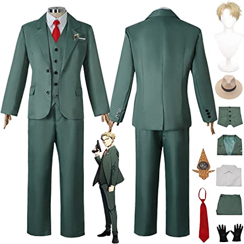 Anime Spy Family Loid Forger Cosplay Traje Verde Top Camisa Pantalones Peluca Sombrero Conjunto completo Hombres Niños Halloween Carnaval Fiesta Uniforme Vestir Traje (XXXL)