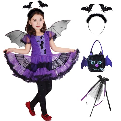 Ansamy Disfraz Halloween Murciélago Niñas Vestido de Bruja con Alas y Diadema, Disfraces de Bruja Witch para Halloween Carnaval Cosplay (140)