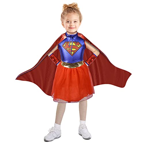 Applysu Disfraz infantil Supergirl, vestido, capa, calentadores de piernas, superhéroe, Super Heroes, fiesta temática, carnaval, cómics Supergirl TV Series Deluxe Disfraz para niñas