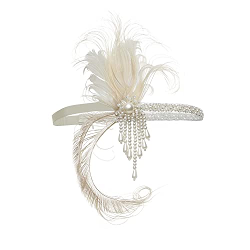 ArtiDeco 1920 Diadema de Pluma de Pavo Real Cinta para el Pelo con Cuentas Vintage Años 20 Flapper Pelo Banda de Pluma con Perlas Disfraz Gatsby Accesorio