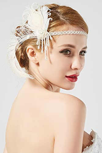 ArtiDeco 1920 Diadema de Pluma de Pavo Real Cinta para el Pelo con Cuentas Vintage Años 20 Flapper Pelo Banda de Pluma con Perlas Disfraz Gatsby Accesorio