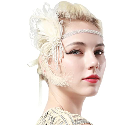 ArtiDeco 1920 Diadema de Pluma de Pavo Real Cinta para el Pelo con Cuentas Vintage Años 20 Flapper Pelo Banda de Pluma con Perlas Disfraz Gatsby Accesorio