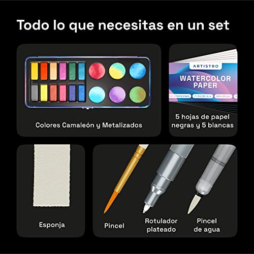 Artistro Kit de 18 Acuarelas Metalizadas, Incluyendo 12 Acuarelas Metalizadas Brillantes y 6 Colores Camaleón. Set de Acuarela de Viaje Ideal para Artistas, Amateurs y Aficionados a la Pintura