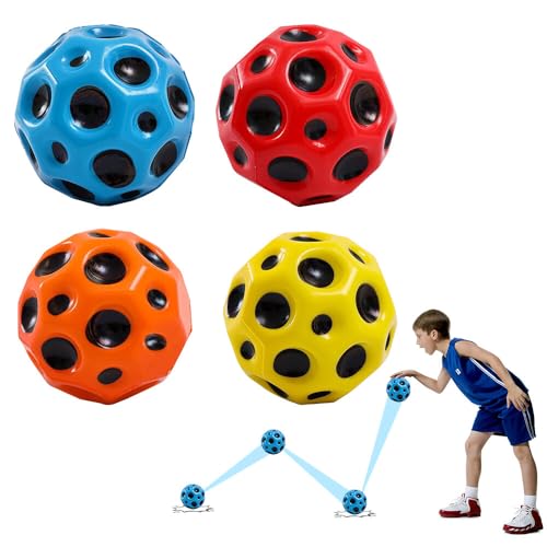 Astro Jump Ball, 4 piezas Moon Ball, Galaxy Ball High Saltos de goma Space, 7 cm saltos de goma bola de goma hacen un sonido de rebote, bola de rebote para niños – azul, rojo, naranja, amarillo