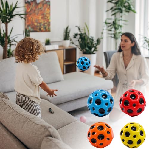 Astro Jump Ball, 4 piezas Moon Ball, Galaxy Ball High Saltos de goma Space, 7 cm saltos de goma bola de goma hacen un sonido de rebote, bola de rebote para niños – azul, rojo, naranja, amarillo