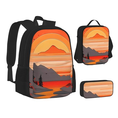 AthuAh Tree Hills and Rivers Mochila y mochila para niñas y niños con bolsa de almuerzo y estuche para lápices, juego de 3 piezas para senderismo, escuela, excursiones, Black, Talla única