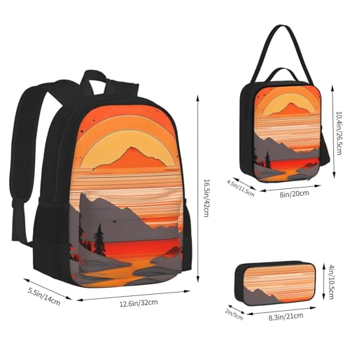 AthuAh Tree Hills and Rivers Mochila y mochila para niñas y niños con bolsa de almuerzo y estuche para lápices, juego de 3 piezas para senderismo, escuela, excursiones, Black, Talla única