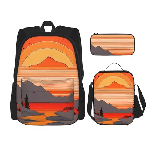 AthuAh Tree Hills and Rivers Mochila y mochila para niñas y niños con bolsa de almuerzo y estuche para lápices, juego de 3 piezas para senderismo, escuela, excursiones, Black, Talla única