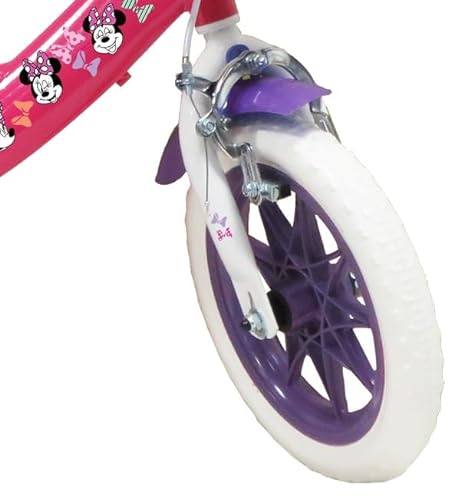 A.T.L.A.S. Bicicleta Infantil de 12 Pulgadas Minnie de Disney Equipada con 1 Freno, Cesta Delantera, Soporte para muñeca Trasera, Guardabarros + Casco Incluido niña, Niñas, Rosa, 12''