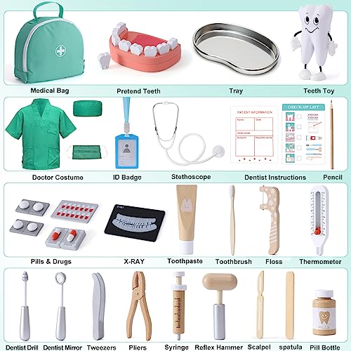 Atoylink Maletin Medicos Juguete, Kit Médicos Dentista Juguetes de Madera con Estetoscopio verdadero, Doctor Disfraz, Muñeca De Dientes, Kit Doctor Juguetes Juego de Imitacion Regalos para Niñas Ninos