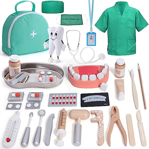 Atoylink Maletin Medicos Juguete, Kit Médicos Dentista Juguetes de Madera con Estetoscopio verdadero, Doctor Disfraz, Muñeca De Dientes, Kit Doctor Juguetes Juego de Imitacion Regalos para Niñas Ninos