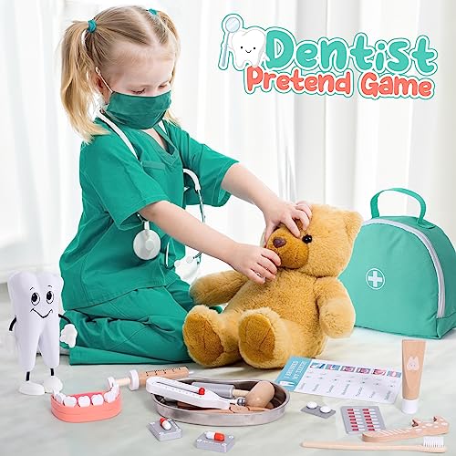 Atoylink Maletin Medicos Juguete, Kit Médicos Dentista Juguetes de Madera con Estetoscopio verdadero, Doctor Disfraz, Muñeca De Dientes, Kit Doctor Juguetes Juego de Imitacion Regalos para Niñas Ninos