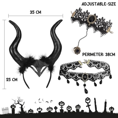 Atuoxing 3 Piezas Halloween Cuernos Malefica, Diadema de Cuerno Negro con Collar / Pulsera Encaje Negro, Disfraz Malefica Mujer para Halloween Carnaval Cosplay