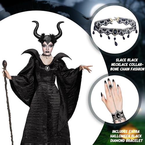 Atuoxing 3 Piezas Halloween Cuernos Malefica, Diadema de Cuerno Negro con Collar / Pulsera Encaje Negro, Disfraz Malefica Mujer para Halloween Carnaval Cosplay