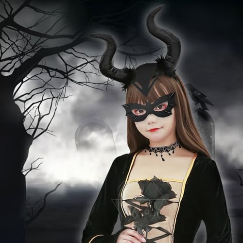 Atuoxing 3 Piezas Halloween Cuernos Malefica, Diadema de Cuerno Negro con Collar / Pulsera Encaje Negro, Disfraz Malefica Mujer para Halloween Carnaval Cosplay