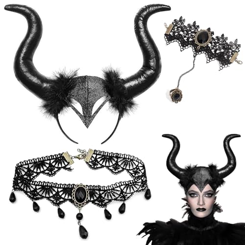 Atuoxing 3 Piezas Halloween Cuernos Malefica, Diadema de Cuerno Negro con Collar / Pulsera Encaje Negro, Disfraz Malefica Mujer para Halloween Carnaval Cosplay