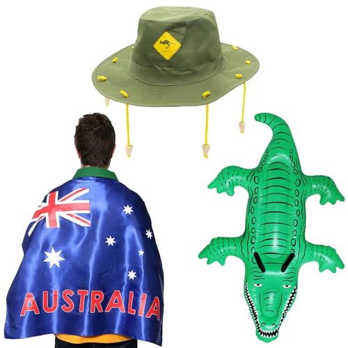 AUSTRALIA - Juego de vestido de fiesta de AUSTRALIA con diseño de bandera australiana y sombrero de corcho australiano con estampado de canguro amarillo + disfraz de cocodrilo hinchable