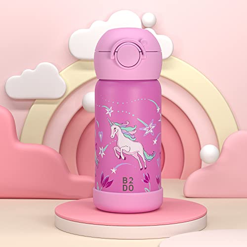 B2DO Botella de agua de acero inoxidable con doble aislamiento de 350 ml Unicornio rosa | Termo para niños con aislamiento anti-fugas para el colegio | Botella para niños con pajita sin BPA