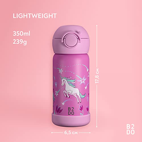 B2DO Botella de agua de acero inoxidable con doble aislamiento de 350 ml Unicornio rosa | Termo para niños con aislamiento anti-fugas para el colegio | Botella para niños con pajita sin BPA