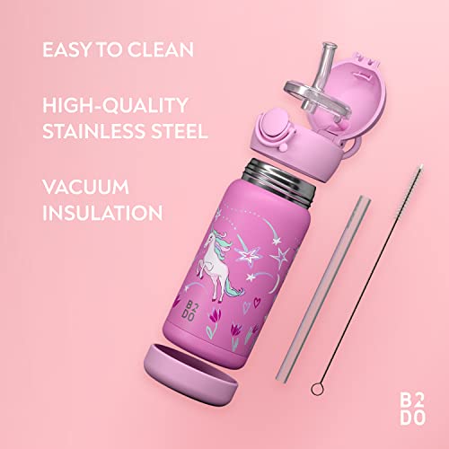 B2DO Botella de agua de acero inoxidable con doble aislamiento de 350 ml Unicornio rosa | Termo para niños con aislamiento anti-fugas para el colegio | Botella para niños con pajita sin BPA