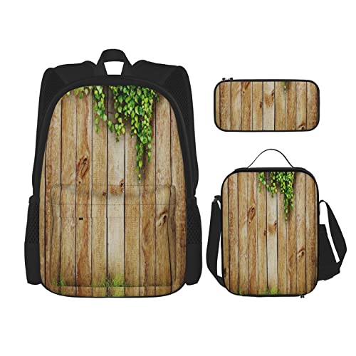 BAAROO Juego de 3 mochilas rústicas frescas primavera temporada hierba y hoja planta sobre valla de madera vieja jardín campo libro bolsa viaje W, color, 5.0cm*10.5cm*20.5cm, Estuche para lápices