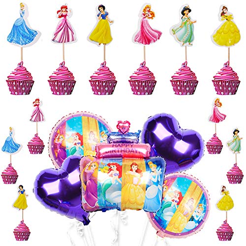 Babioms 29Pcs Globo de Papel de Aluminio, Adorno de Torta, Cumpleaños Globos Globo de Papel de Aluminio Globo de aire Decoración de Cumpleaños para Niños,Globo Princesa