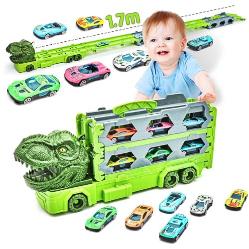 BAICHUN transportador Coches Juguete para niños de 3 4 5 6 7 8 años,Portátil Dinosaurios Camión de Pista Juguetes Coches para Boys con 12 vehículos,Regalo niño 3 años(A678-1)