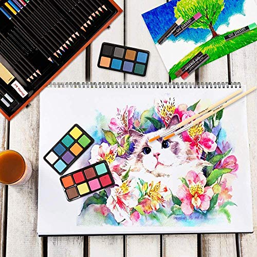 Bakaji - Maletín de madera para pintor - Juego de 78 piezas - Colores surtidos - Colores pastel acuarelas, pinceles y accesorios de dibujo - Set artístico profesional para artistas