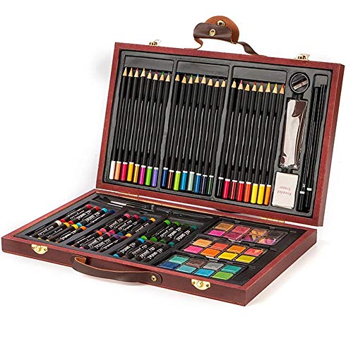 Bakaji - Maletín de madera para pintor - Juego de 78 piezas - Colores surtidos - Colores pastel acuarelas, pinceles y accesorios de dibujo - Set artístico profesional para artistas