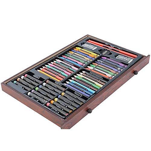 BAKAJI Maletín de madera pintor Set de 124 piezas surtidos colores acrílicos lápices acuarelas pinceles y accesorios dibujo conjunto artístico profesional para artistas aficionados y principiantes