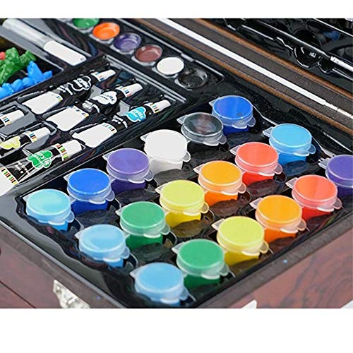 BAKAJI Maletín de madera pintor Set de 124 piezas surtidos colores acrílicos lápices acuarelas pinceles y accesorios dibujo conjunto artístico profesional para artistas aficionados y principiantes