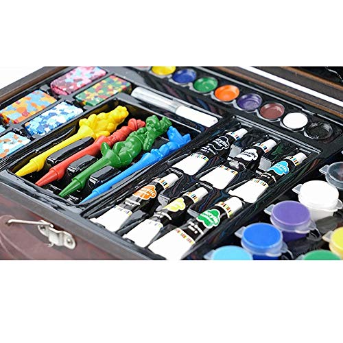 BAKAJI Maletín de madera pintor Set de 124 piezas surtidos colores acrílicos lápices acuarelas pinceles y accesorios dibujo conjunto artístico profesional para artistas aficionados y principiantes