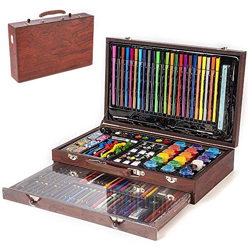 BAKAJI Maletín de madera pintor Set de 124 piezas surtidos colores acrílicos lápices acuarelas pinceles y accesorios dibujo conjunto artístico profesional para artistas aficionados y principiantes