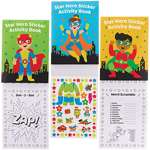 Baker Ross FX733 Libros de actividades con pegatinas de héroes - Pack de 8, Libro de pegatinas para fiestas infantiles