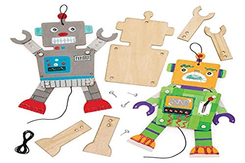 Baker Ross- Kits de marionetas de madera con forma de robot (Pack de 4) Robots con brazos y piernas móviles -manualidades infantiles para crear