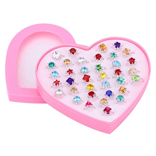 Balacoo 36Pcs Chicas Cristal Anillos Ajustables Princesa Anillos Dedo Joyería de Dedo con Caja en Forma de Corazón Fingido Prender Juego Juguete Vestido Disfraz para Niños Niños