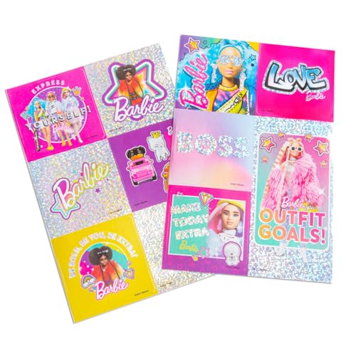 Barbie - Juego de diario extra mullido para niñas, papelería personal, pompones, clips de papel, pegatinas holográficas regalo para niños 5+