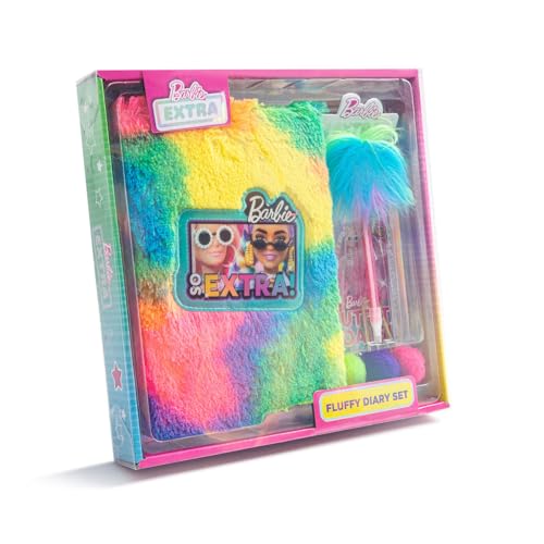 Barbie - Juego de diario extra mullido para niñas, papelería personal, pompones, clips de papel, pegatinas holográficas regalo para niños 5+